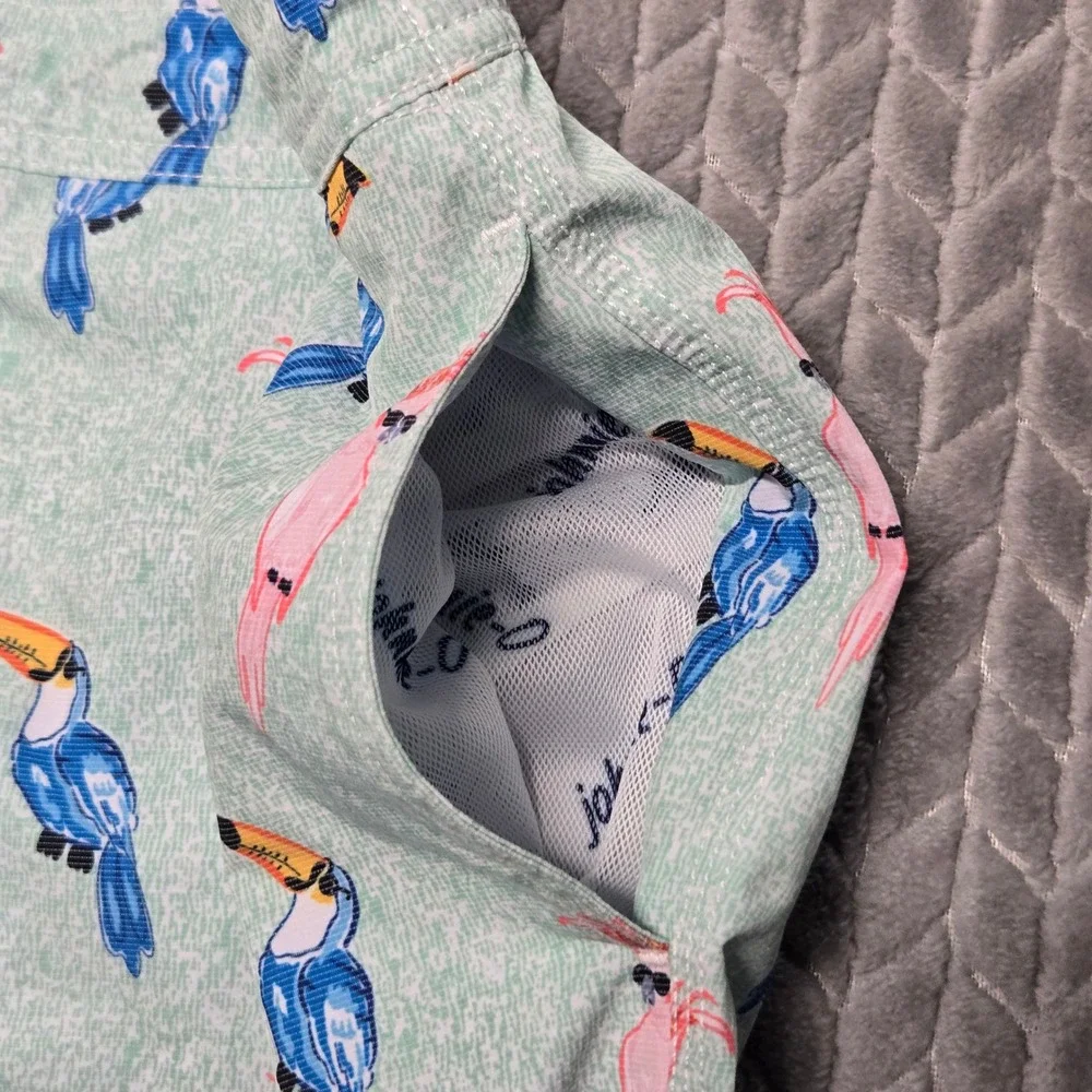Johnnie-O Mens Tropical Bird Print Swim Trunks Mint Green Toucan Cockatoo Size M